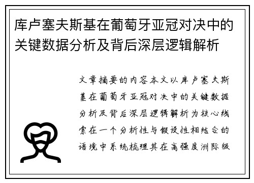 库卢塞夫斯基在葡萄牙亚冠对决中的关键数据分析及背后深层逻辑解析